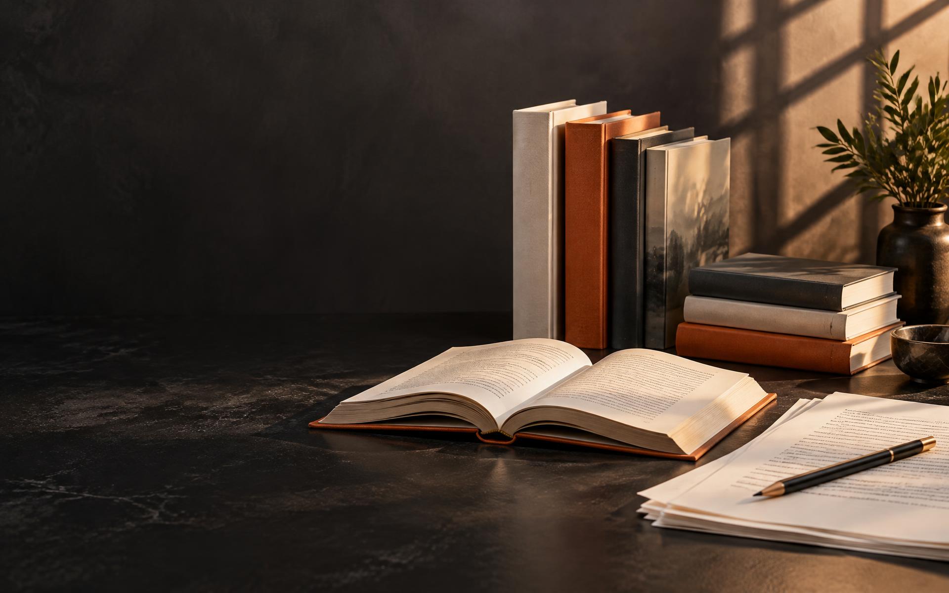 A collection of books, an open novel and manuscript pages on a publishing desk